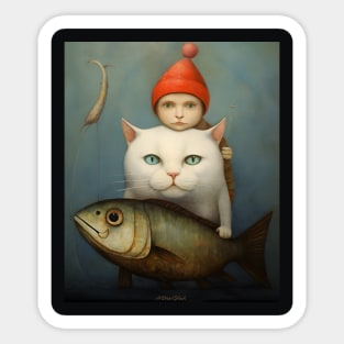 Boy, Cat and fish Sticker